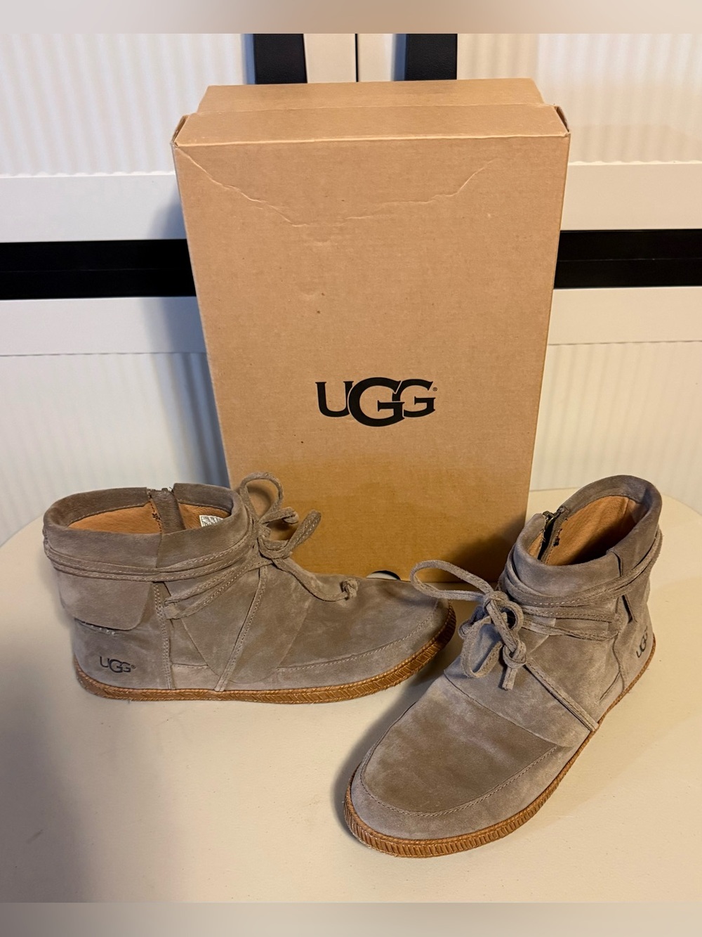 UGG “Reid” Slate Suede Lace-Up Ankle Booties/Moccasin Boots Side Zipper Comfy!